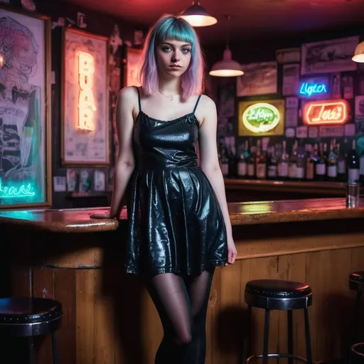 Prompt: A pastel grunge girl showing off her dress in a bar in Germany, neon lights in the background, wearing black tights, detailed clothing, realistic, natural lighting, full body