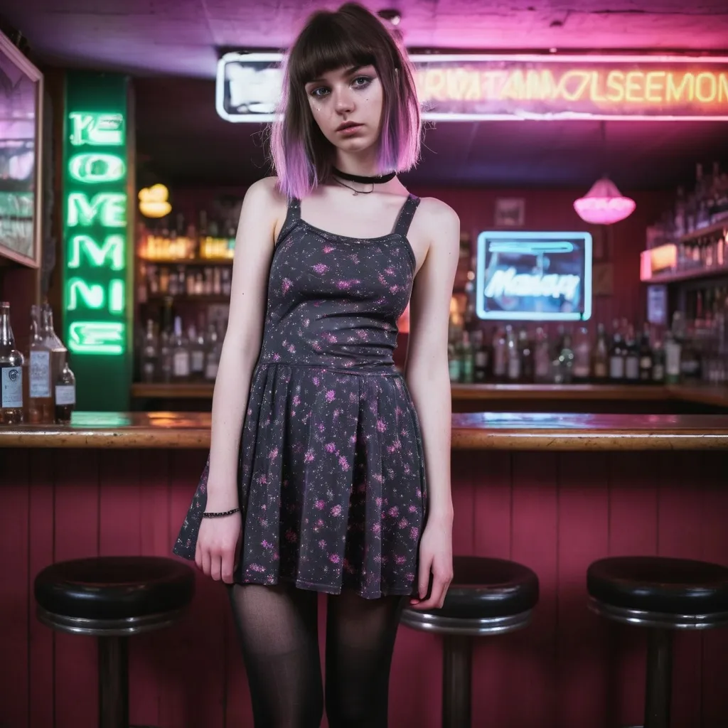 Prompt: A pastel grunge girl showing off her dress in a bar in Germany, neon lights in the background, wearing black tights, detailed clothing, realistic, natural lighting, head to toe