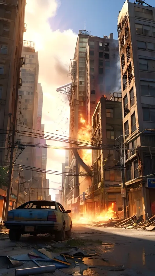 Prompt:   anime:1.5,post-apocalyptic city streets, wide angle full frame, tall skyscrapers with pipes and wires,  dirt flying, burning city,explosion, fire, ruins:1.3, splatter, beautiful angle, no human,, ultra detailed, hyper realistic, dramatic lighting, god rays, realistic proportions, abandoned, dilapidated, gloomy colors, volumetric lighting,evening