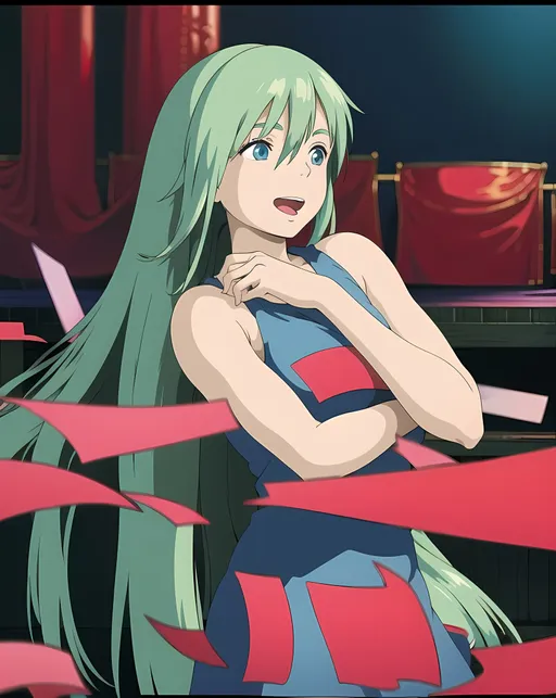 Prompt: (masterpiece, best quality, 8k wallpaper:1.2), ultra detailed, absurdres, highres,  1girl,  looking at viewer,( hatune miku:1.3),  happy, laugh , singing, long twintail, blue green hair, dancing, silky skin, beautiful eyes, focus on eyes, long hair flowing with the wind, beautiful smile line, big blue eyes, shiny hair, (surrounded by heavy floating musical note flow:1.3), on the stage