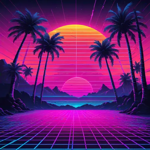 Prompt: Create a retro 80s synthwave design  featuring neon grids, palm trees, and a sunset. Use vibrant colors like hot pink, electric blue, and neon purple. Include elements like a grid pattern on the ground, silhouetted palm trees, and a large setting sun with glowing rays