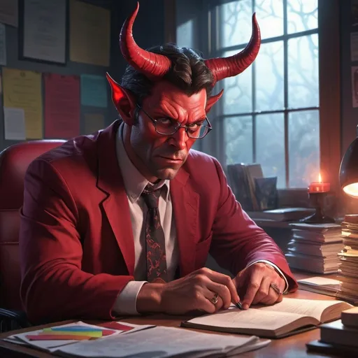 Prompt: Satan at desk, reading glasses, window unit, colorful streamers flickering, sweat wiped, detailed facial features, atmospheric lighting, professional art quality, cool tones, detailed devil horns, contemplative expression, detailed clothing, supernatural, highres, professional, atmospheric lighting