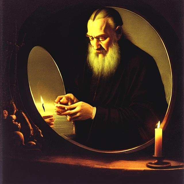 Prompt: Nostradamus looking into his reflection in a bowl of water With a mirror IN front of him. the room is dark but candle lit
