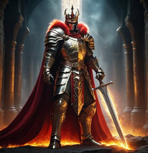 Prompt: (iron lord, king of men with a great fiery longsword), red and gold fur cape, black and gold armor, standing in a heroic pose, dramatic lighting, vibrant colors, high depth cinematic framing, majestic atmosphere, background showing a fantasy kingdom with towering castles and lush landscapes, HD, ultra-detailed textures, 4K quality, medieval theme, imposing and powerful, defending his realm with unwavering determination.