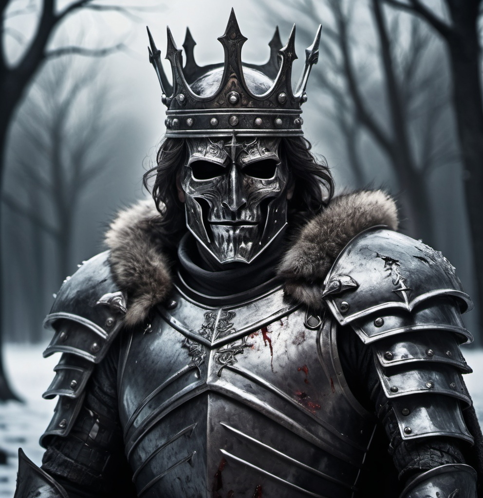 Prompt: (fantasy concept of a dying king), dark color scheme, a king with a sword in his chest, blood on the ground and on his armor, king of ice in full broken, scratched, and cracked armor, he lays there in a full helm covering his face, his crown by his side, dramatic lighting, gloomy atmosphere, elements of despair and defeat, icy landscape in the background, cold tones, detailed textures, ultra-detailed, 4K quality full helm no face showing