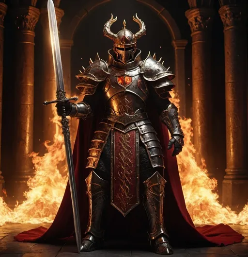 Prompt: (iron lord, king of men with a great fiery longsword) , red and gold fur cape, black and gold armor with an iron halo over his head crest on his shoulder he has a full healm on, dramatic lighting, glowing embers, dark and intense atmosphere, high contrast, fiery red and golden hues, intricate armor details, majestic and powerful, detailed background of a medieval throne room engulfed in flames, ultra-detailed, 4K, cinematic quality