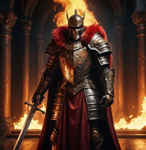 Prompt: (iron lord, king of men with a great fiery longsword) , red and gold fur cape, black and gold armor with an iron halo over his head crest on his shoulder he has a full healm on, dramatic lighting, glowing embers, dark and intense atmosphere, high contrast, fiery red and golden hues, intricate armor details, majestic and powerful, detailed background of a medieval throne room engulfed in flames, ultra-detailed, 4K, cinematic quality