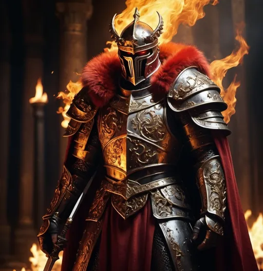 Prompt: (iron lord, king of men with a great fiery longsword) , red and gold fur cape, black and gold armor with an iron halo over his head crest on his shoulder he has a full healm on, dramatic lighting, glowing embers, dark and intense atmosphere, high contrast, fiery red and golden hues, intricate armor details, majestic and powerful, detailed background of a medieval throne room engulfed in flames, ultra-detailed, 4K, cinematic quality