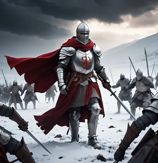 Prompt: (knight king) fighting for his life, last man standing of his army, holding a (long sword), blending tired, wearing full helm, full plate armor, red cape, surrounded by enemies, winter battlefield, dramatic scene, epic and intense atmosphere, snow-covered ground, cold winds, 4K, ultra-detailed, high-quality, photorealistic, cinematic lighting, muted colors with hints of red and silver, high contrast, dark and stormy sky, perfect for a fantasy epic cover.