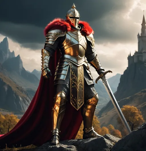 Prompt: (iron lord, king of men with a great longsword), red and gold fur cape, black and gold armor, standing in a heroic pose, dramatic lighting, vibrant colors, high depth cinematic framing, majestic atmosphere, background showing a fantasy kingdom with towering castles and lush landscapes, HD, ultra-detailed textures, 4K quality, medieval theme, imposing and powerful, defending his realm with unwavering determination.