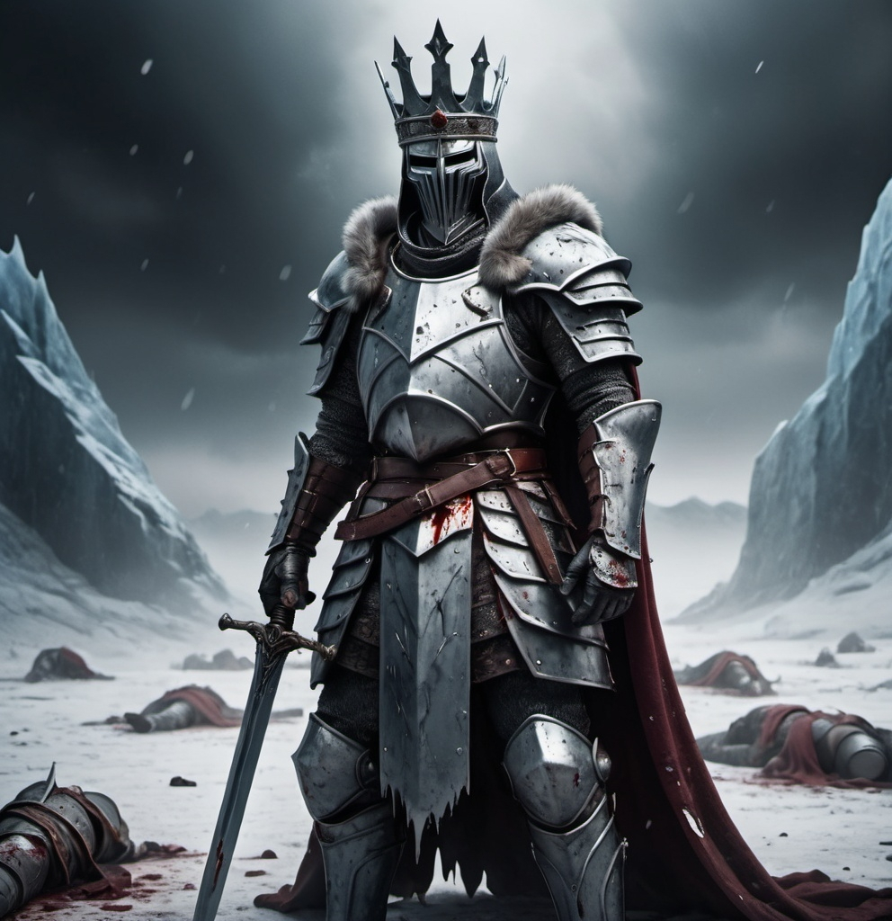 Prompt: (fantasy concept of a king with body's at his feet of men he killed on the battle field), dark color scheme, a king with a sword in his chest, blood on the ground and on his armor, king of ice in full broken, scratched, and cracked armor, he lays there in a full helm covering his face, his crown by his side, dramatic lighting, gloomy atmosphere, elements of despair and defeat, icy landscape in the background, cold tones, detailed textures, ultra-detailed, 4K quality full helm no face showing ,blood all over 