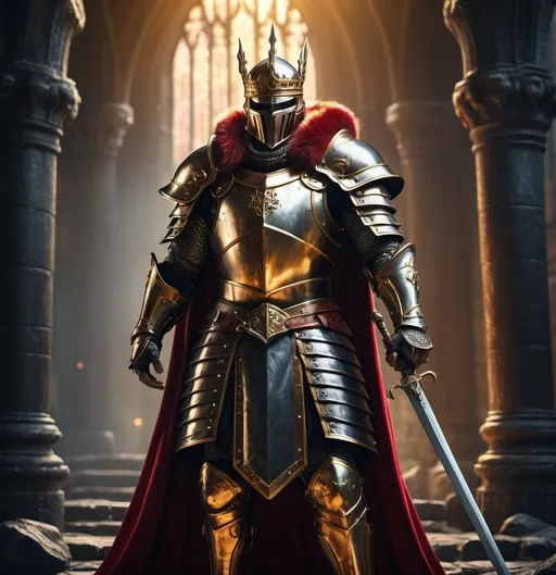Prompt: (iron lord, king of men with a great longsword), red and gold fur cape, black and gold armor, standing in a heroic pose, dramatic lighting, vibrant colors, high depth cinematic framing, majestic atmosphere, background showing a fantasy kingdom with towering castles and lush landscapes, HD, ultra-detailed textures, 4K quality, medieval theme, imposing and powerful, defending his realm with unwavering determination.