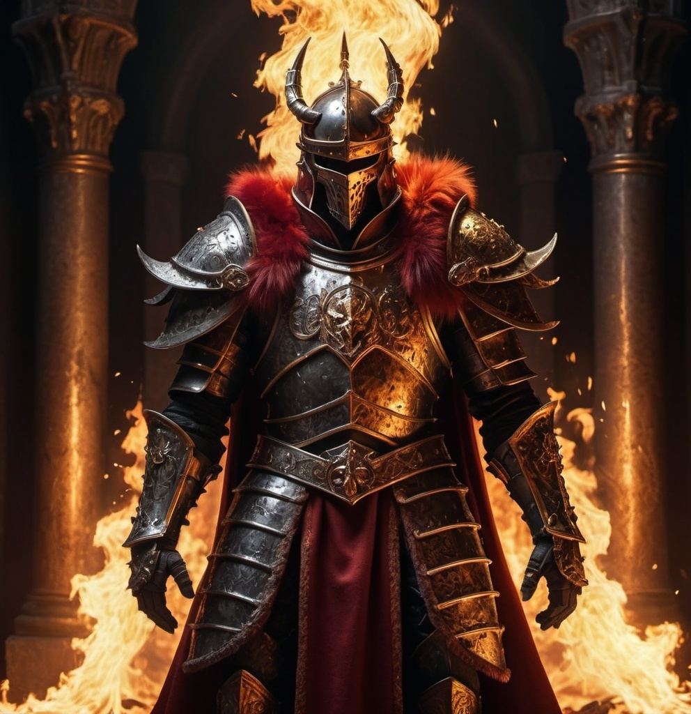 Prompt: (iron lord, king of men with a great fiery longsword) , red and gold fur cape, black and gold armor with an iron halo over his head crest on his shoulder he has a full healm on, dramatic lighting, glowing embers, dark and intense atmosphere, high contrast, fiery red and golden hues, intricate armor details, majestic and powerful, detailed background of a medieval throne room engulfed in flames, ultra-detailed, 4K, cinematic quality