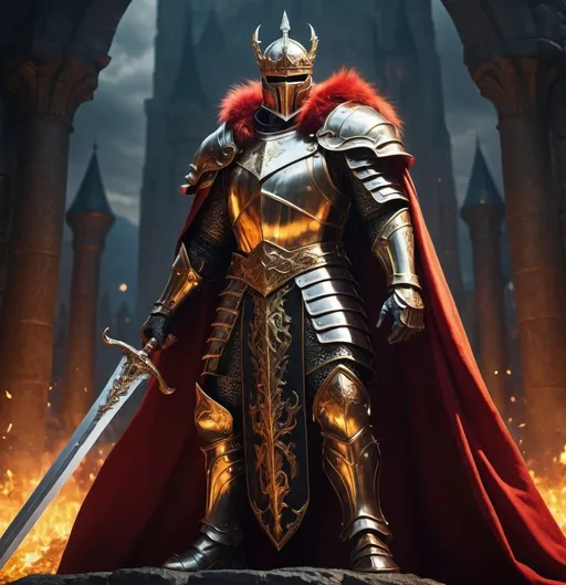 Prompt: (iron lord, king of men with a great fiery longsword), red and gold fur cape, black and gold armor, standing in a heroic pose, dramatic lighting, vibrant colors, high depth cinematic framing, majestic atmosphere, background showing a fantasy kingdom with towering castles and lush landscapes, HD, ultra-detailed textures, 4K quality, medieval theme, imposing and powerful, defending his realm with unwavering determination.