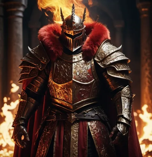 Prompt: (iron lord, king of men with a great fiery longsword) , red and gold fur cape, black and gold armor with an iron halo over his head crest on his shoulder he has a full healm on, dramatic lighting, glowing embers, dark and intense atmosphere, high contrast, fiery red and golden hues, intricate armor details, majestic and powerful, detailed background of a medieval throne room engulfed in flames, ultra-detailed, 4K, cinematic quality