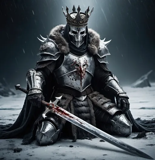 Prompt: (fantasy concept of a dying king), dark color scheme, a king with a sword in his chest, blood on the ground and on his armor, king of ice in full broken, scratched, and cracked armor, he lays there in a full helm covering his face, his crown by his side, dramatic lighting, gloomy atmosphere, elements of despair and defeat, icy landscape in the background, cold tones, detailed textures, ultra-detailed, 4K quality full helm no face showing