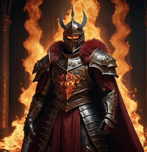 Prompt: (iron lord, king of men with a great fiery longsword) , red and gold fur cape, black and gold armor with an iron halo over his head crest on his shoulder he has a full healm on, dramatic lighting, glowing embers, dark and intense atmosphere, high contrast, fiery red and golden hues, intricate armor details, majestic and powerful, detailed background of a medieval throne room engulfed in flames, ultra-detailed, 4K, cinematic quality