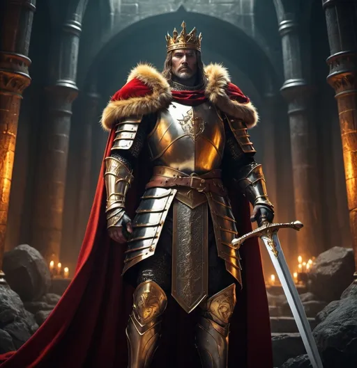 Prompt: (iron lord, king of men with a great longsword), red and gold fur cape, black and gold armor, standing in a heroic pose, dramatic lighting, vibrant colors, high depth cinematic framing, majestic atmosphere, background showing a fantasy kingdom with towering castles and lush landscapes, HD, ultra-detailed textures, 4K quality, medieval theme, imposing and powerful, defending his realm with unwavering determination.