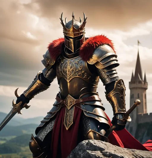 Prompt: (iron lord, king of men with a great longsword), red and gold fur cape, black and gold armor, standing in a heroic pose, dramatic lighting, vibrant colors, high depth cinematic framing, majestic atmosphere, background showing a fantasy kingdom with towering castles and lush landscapes, HD, ultra-detailed textures, 4K quality, medieval theme, imposing and powerful, defending his realm with unwavering determination.