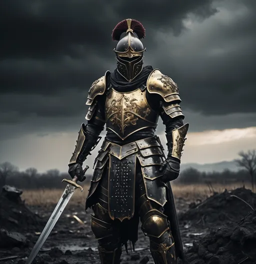 Prompt: last man standing on the battlefield, full black and gold plate armor,full helm  (bleeding from his chest), grabbing at his chest with one hand, blood spilling out, sword in his other hand, fighting for his life, dramatic cinematic lighting, overcast skies, dark and muted color tones, intense and gritty atmosphere, barren and destroyed landscape, fallen soldiers around, high detailed, 4K, ultra-detailed, high quality.