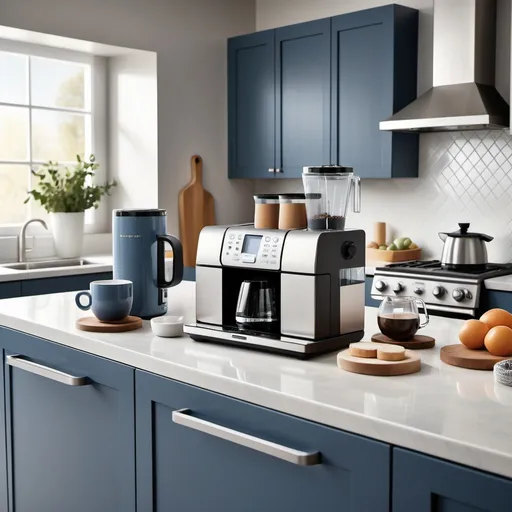 Prompt: Create an image featuring modern, sleek kitchen gadgets in use within a bright, stylish kitchen setting. The scene should convey elegance and efficiency, highlighting a coffee maker, a high-tech blender, and a smart toaster. Use a soft, neutral color palette with touches of steel blue and gray to suggest sophistication and cleanliness. The composition should be balanced and inviting, ideal for a homepage that attracts homeowners interested in upgrading their kitchen appliances.