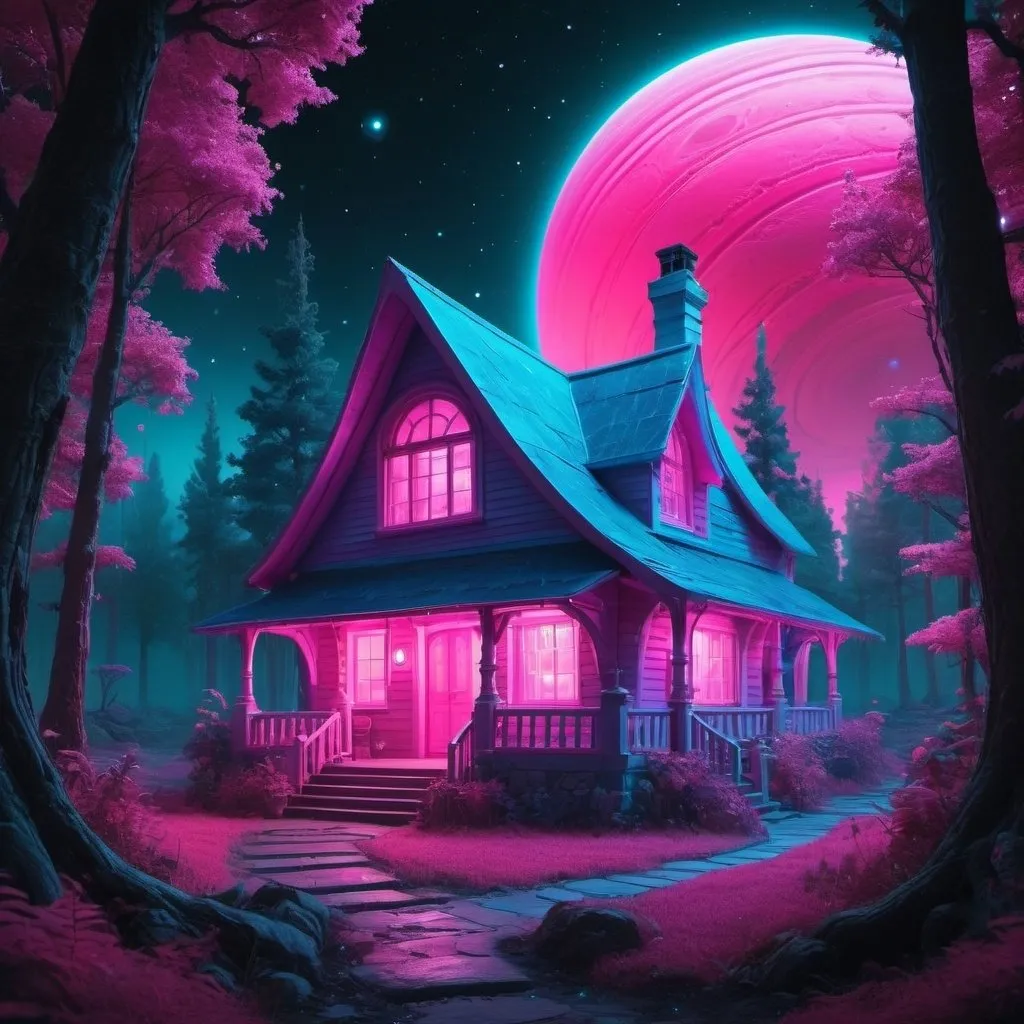 Prompt: Fantasy cottage in forest of neon pink and blue, night, orbiting gas giant