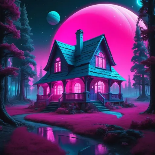 Prompt: Fantasy cottage in forest of neon pink and blue, night, orbiting gas giant