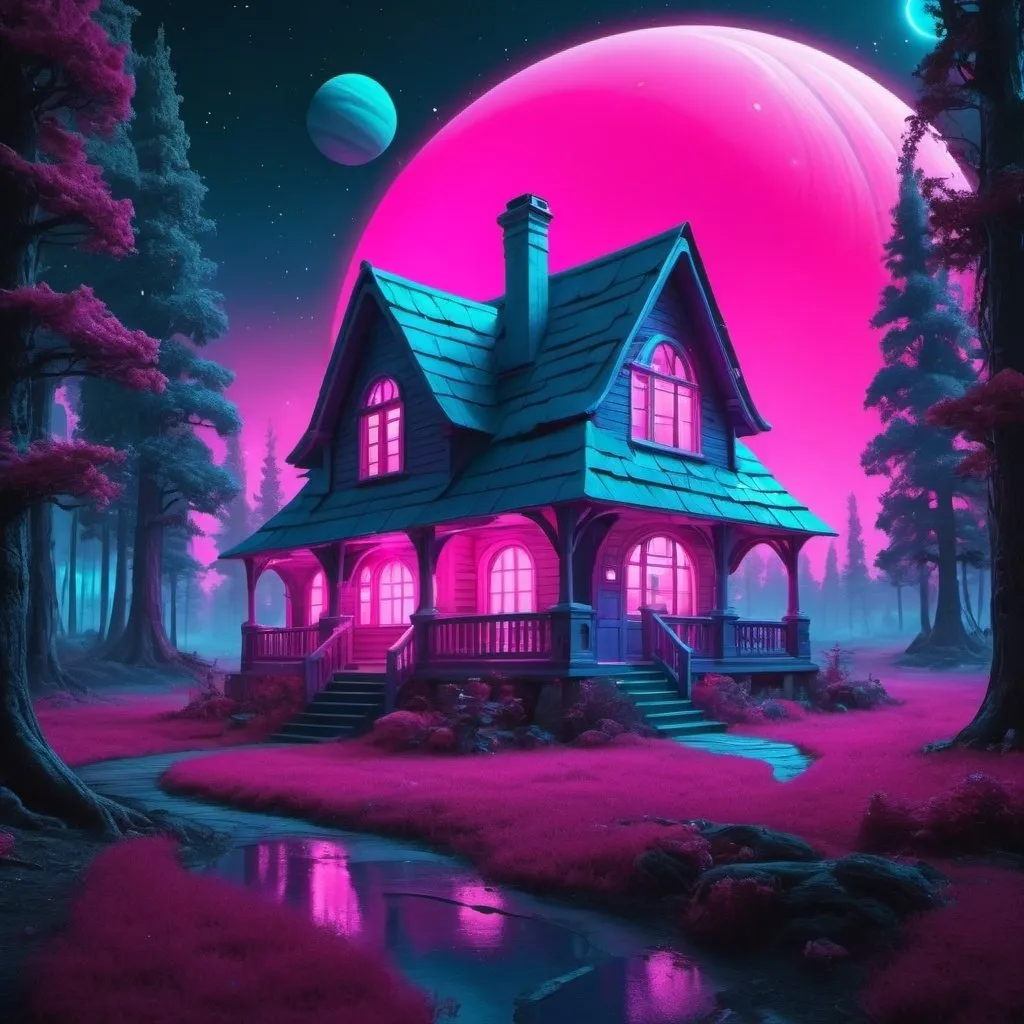 Prompt: Fantasy cottage in forest of neon pink and blue, night, orbiting gas giant