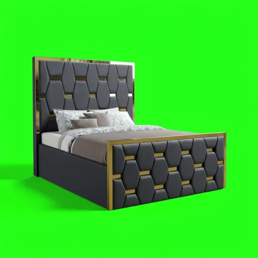Prompt: Deluxe Slate Plush Mirror Bed Frame with Gas Lift – Gold Trim Finish – Heavenlybeds