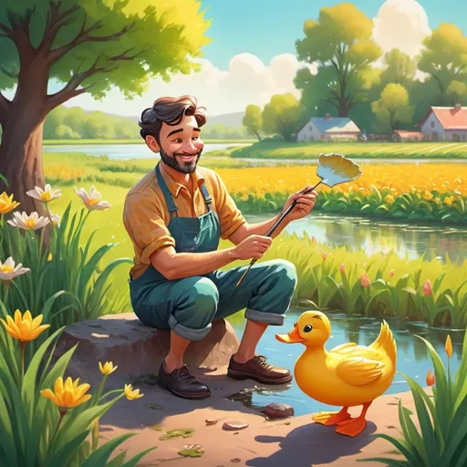 Prompt: Create a animation like a cartoon style a man painting a catfish, besides him there is a duck who support him and the scenery is a field. Use a complementary color