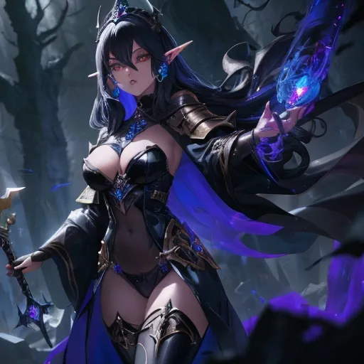 Prompt: Create an anime-inspired image of a powerful and enigmatic dark elf sorceress, drawing inspiration from the Warhammer universe. The sorceress should be adorned in intricate, dark armor, with flowing robes and a menacing, ornate staff that channels her dark powers. Her eyes should be piercing, and her expression should convey a sense of confidence and control. The background should feature elements of both the Warhammer and anime worlds, with towering castles, dark forests, and magical energy swirling around her. The image should be vibrant and detailed, capturing the essence of both the anime and Warhammer styles.