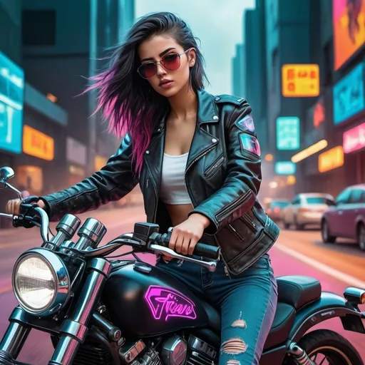 Prompt: Generate strikingly vivid and hyper-realistic images of young girls on motorbikes in leather jackets riding around cruising the highway with stunning colors and details with Cyberpunk image styling with Cyberpunk style colors and background.