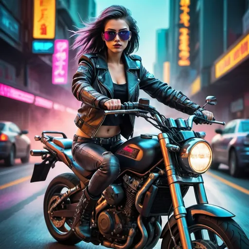 Prompt: Generate strikingly vivid and hyper-realistic images of young beautiful lady on motorbikes in leather jackets riding around cruising the highway with stunning colors and details with Cyberpunk image styling with Cyberpunk style colors and background.  The rider also has weapons and guns and swords and knives sheathed but exposed behind her back and along her boot and attached to the motorbikes.  lots of weapons.