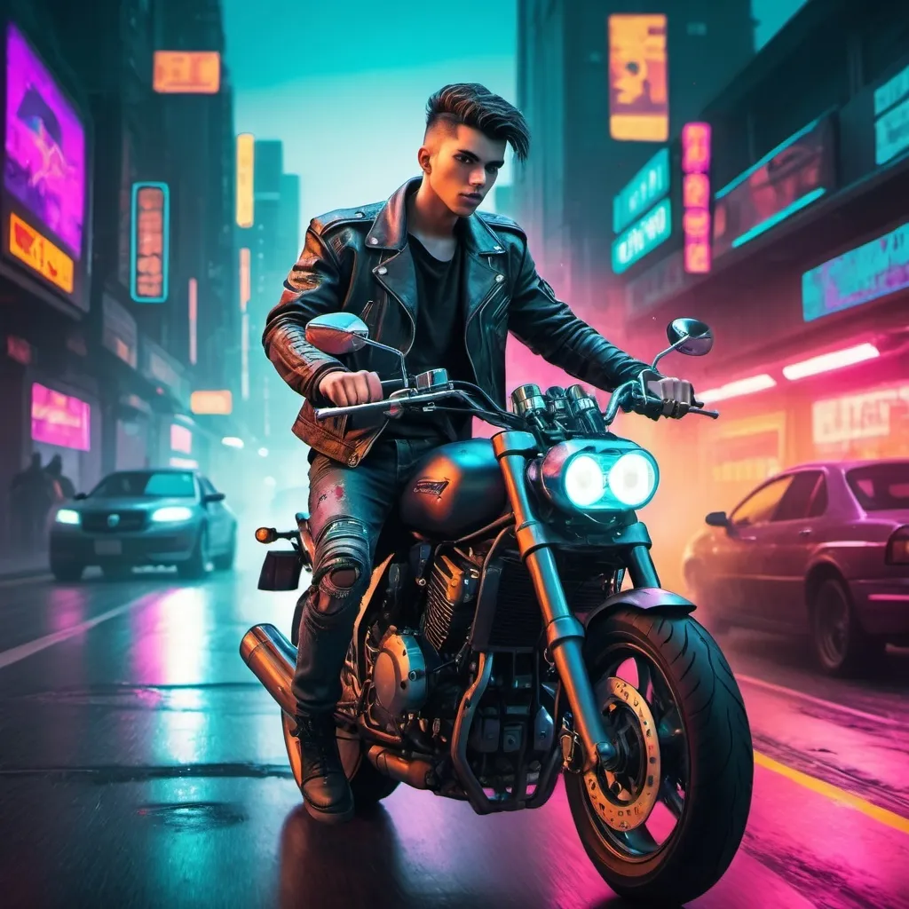 Prompt: Generate strikingly vivid and hyper-realistic images of young dudes on motorbikes in leather jackets riding around cruising the highway with stunning colors and details with Cyberpunk image styling with Cyberpunk style colors and background.