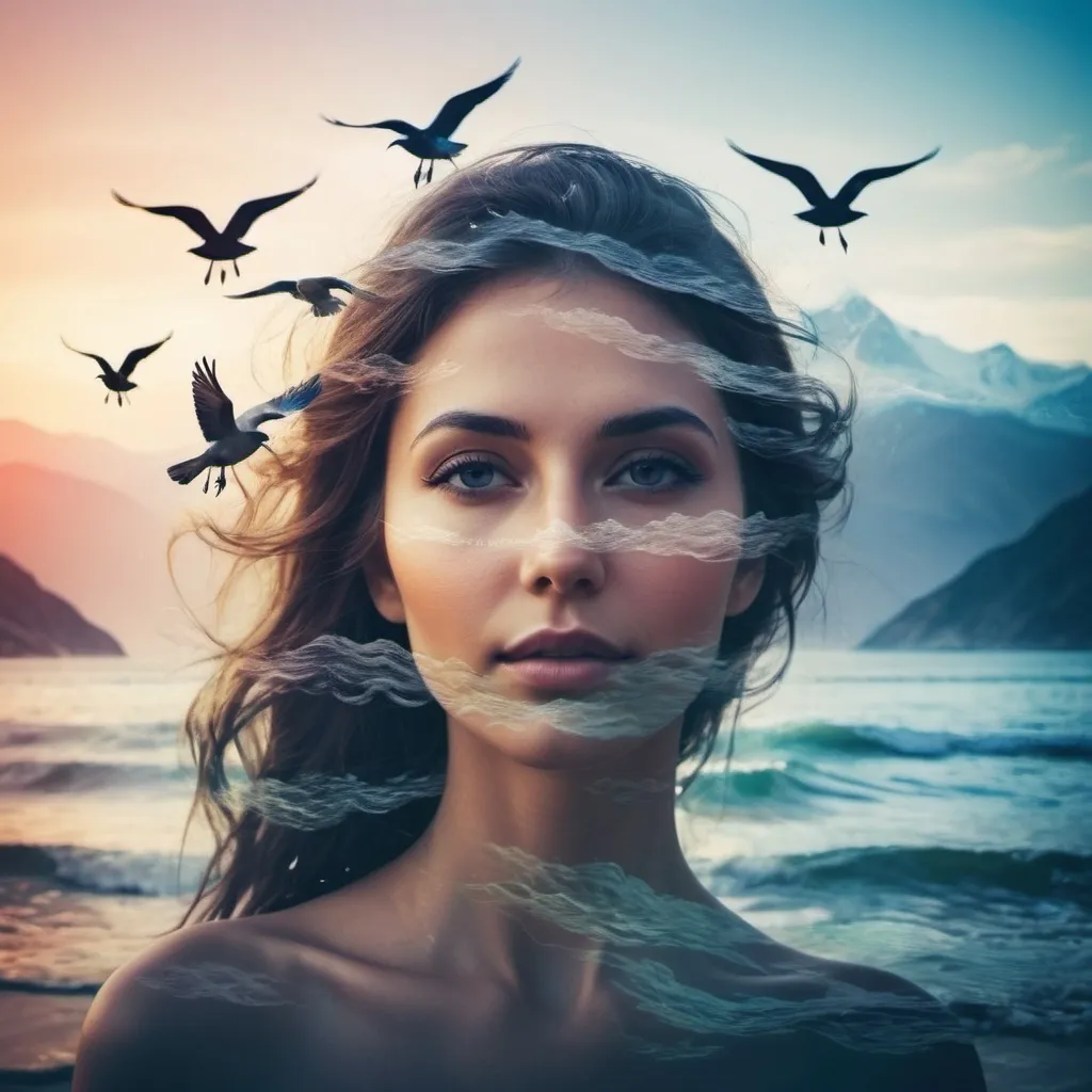 Prompt: Triple exposure of the silhouette face of a beautiful ethereal woman and the sea with waves and mountains, birds in the air, nature beauty and wonder, magical, majestical, beautiful colors