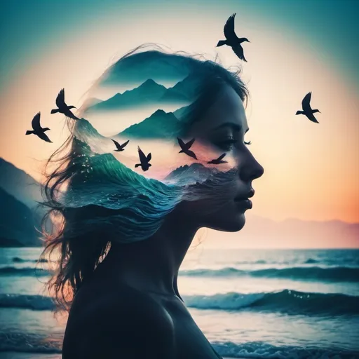 Prompt: Triple exposure of the silhouette face of a beautiful ethereal woman and the sea with waves and mountains, birds in the air, nature beauty and wonder, magical, majestical, beautiful colors