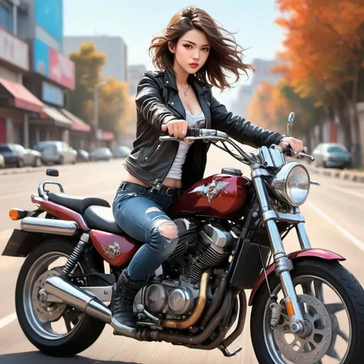 Prompt: Generate strikingly vivid and hyper-realistic images of young beautiful lady on motorbikes in leather jackets riding around cruising the highway with stunning colors and details with Anime art image styling with Anime art style colors and background.  The model and bike rider also has weapons and guns and swords and knives sheathed but exposed behind her back and along her boot and attached to the motorbikes.  lots of weapons.