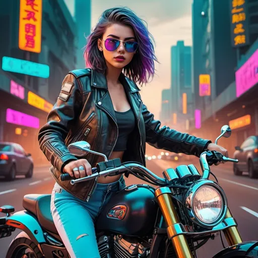 Prompt: Generate strikingly vivid and hyper-realistic images of young girls on motorbikes in leather jackets riding around cruising the highway with stunning colors and details with Cyberpunk image styling with Cyberpunk style colors and background.