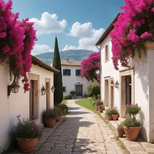 Prompt: hyper realistic White countryside houses with Italian Cypress trees and cloisters and rolling hills and vibrant magenta bougainvillea in a serene Italian country setting image