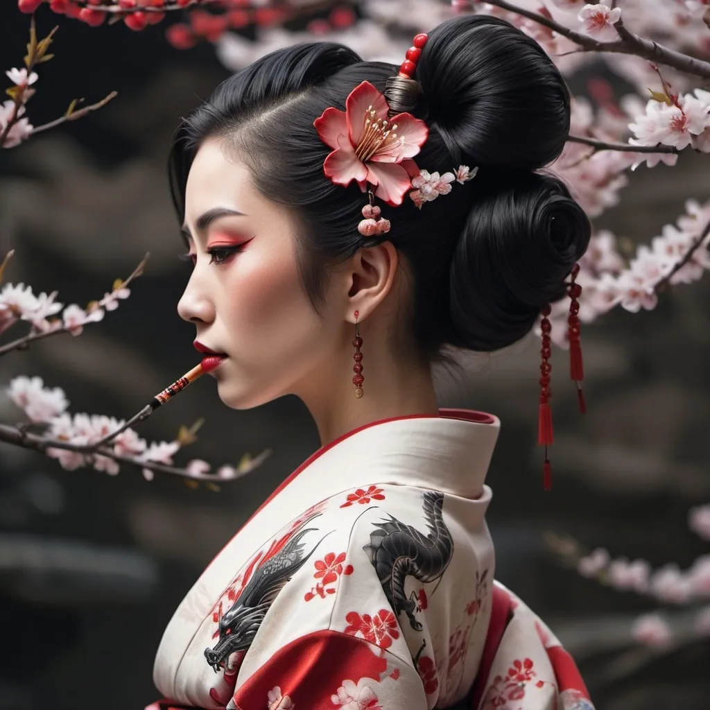 Prompt: 
Create a stunning image of a geisha with a delicate yet intricate dragon tattoo that flows seamlessly from her shoulder length. She is depicted in a side profile, looking away from the camera, embodying a sense of mystery and elegance. Her hair is styled in a bun, adorned with cherry blossoms. The kimono features a dramatic red and black and white dragon design.