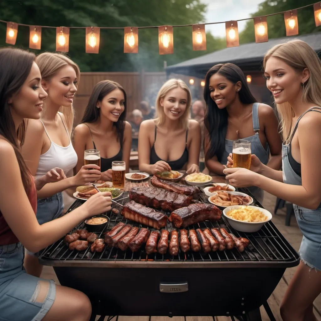 Prompt: hyper realistic photo quality in high resolution with exceptional image detailing and shadowing and lighting of a  beautiful team of 25 year old influencer models that love to eat and are surrounded by the largest BBQ spread of ribs and brisket and chicken and sausages and beer you can think of.  A proper scene at an outdoor BBQ with hot coal pits and wooden tables with mood lighting strung across the scene.  All the ladies are enjoying the food and company immensely in the scene.