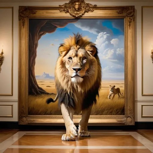 Prompt: A surreal photograph of a lion stepping out of an oil painting and into a room inside a grand museum. The painting depicts a grand lion king scene on the great plains. The lion in the painting is entering the room onto the floor, merging the world of art with reality. The gallery is adorned with tasteful art, cinematic, photo, poster