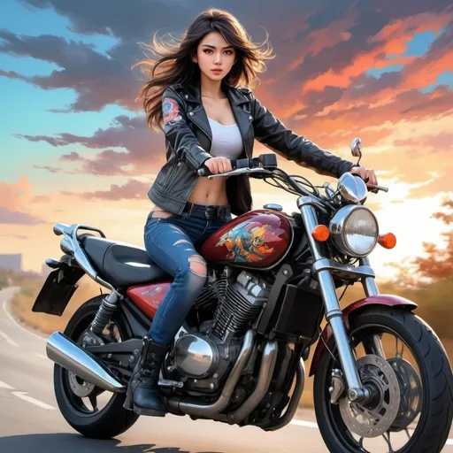 Prompt: Generate strikingly vivid and hyper-realistic images of young beautiful lady on motorbikes in leather jackets riding around cruising the highway with stunning colors and details with Anime art image styling with Anime art style colors and background.  The model and bike rider also has weapons and guns and swords and knives sheathed but exposed behind her back and along her boot and attached to the motorbikes.  lots of weapons.
