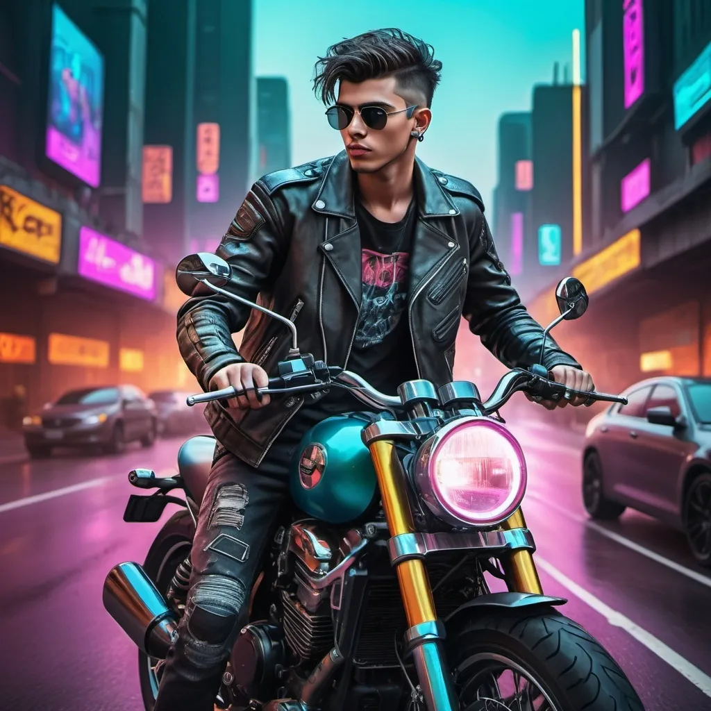 Prompt: Generate strikingly vivid and hyper-realistic images of young dudes on motorbikes in leather jackets riding around cruising the highway with stunning colors and details with Cyberpunk image styling with Cyberpunk style colors and background.