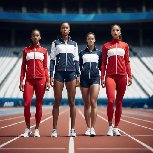 Prompt: hyper realistic photo quality in high resolution with exceptional image detailing and shadowing and lighting of a Olympic team of women all in Nike and Adidas and Under Armour athletic clothing and warm ups all within their national colors as if they are wearing sponsored National attire provided by their Olympic host nation.  All the beautiful and athletic and fit models of Olympians are stretching and warming up on a track and field inside a massive stadium with fans.