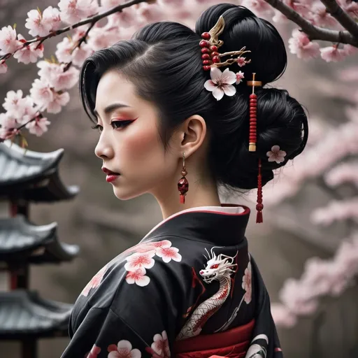 Prompt: 
Create a stunning image of a geisha with a delicate yet intricate dragon tattoo that flows seamlessly from her shoulder length. She is depicted in a side profile, looking away from the camera, embodying a sense of mystery and elegance. Her hair is styled in a bun, adorned with cherry blossoms. The kimono features a dramatic red and black and white dragon design.