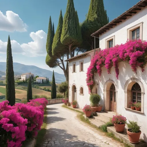 Prompt: hyper realistic White countryside houses with Italian Cypress trees and cloisters and rolling hills and vibrant magenta bougainvillea in a serene Italian country setting image