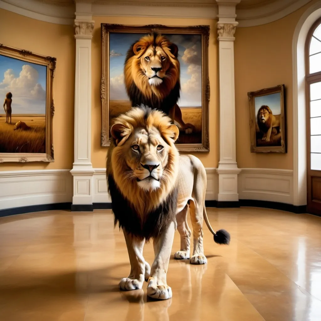 Prompt: A surreal photograph of a lion stepping out of an oil painting and into a room inside a grand museum. The painting depicts a grand lion king scene on the great plains. The lion in the painting is entering the room onto the floor, merging the world of art with reality. The gallery is adorned with tasteful art, cinematic, photo, poster