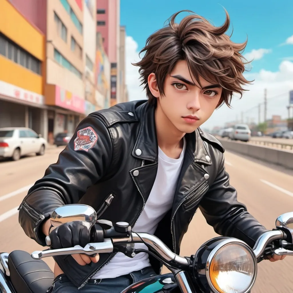 Prompt: Generate strikingly vivid and hyper-realistic anime style images of young beautiful dude on motorbikes in leather jackets riding around cruising the highway with stunning colors and details with Anime art image styling with Anime art style colors and background.  