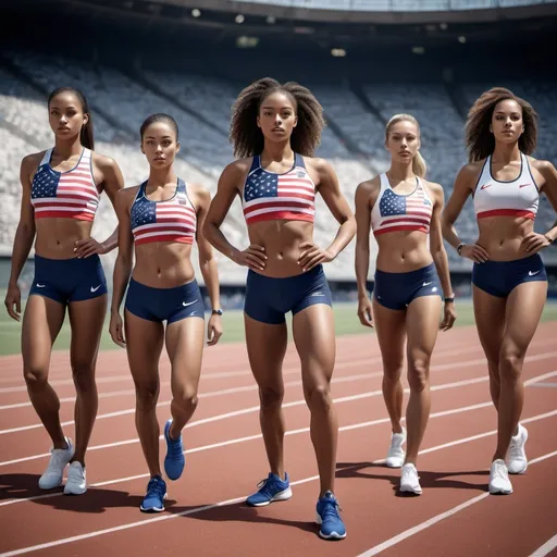 Prompt: hyper realistic photo quality in high resolution with exceptional image detailing and shadowing and lighting of a Olympic team of women from the USA all in American national colors all in Nike and Adidas and Under Armour athletic clothing and warm ups all within their national colors as if they are wearing sponsored National attire provided by their Olympic host nation.  All the beautiful and athletic and fit models of Olympians are stretching and warming up on a track and field inside a massive stadium with fans.